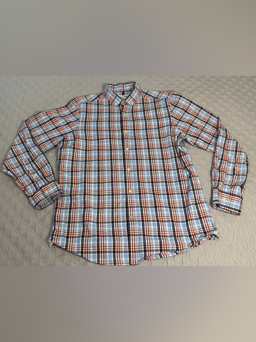 Crosby & Howard Mens Large Button Down Long Sleeve Shirt Plaid Blue Red White